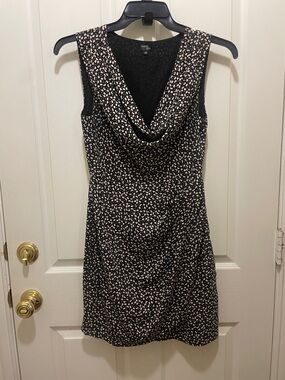 Sleeveless Cowl Neck Mini Dress in Black with Beige Dot Print